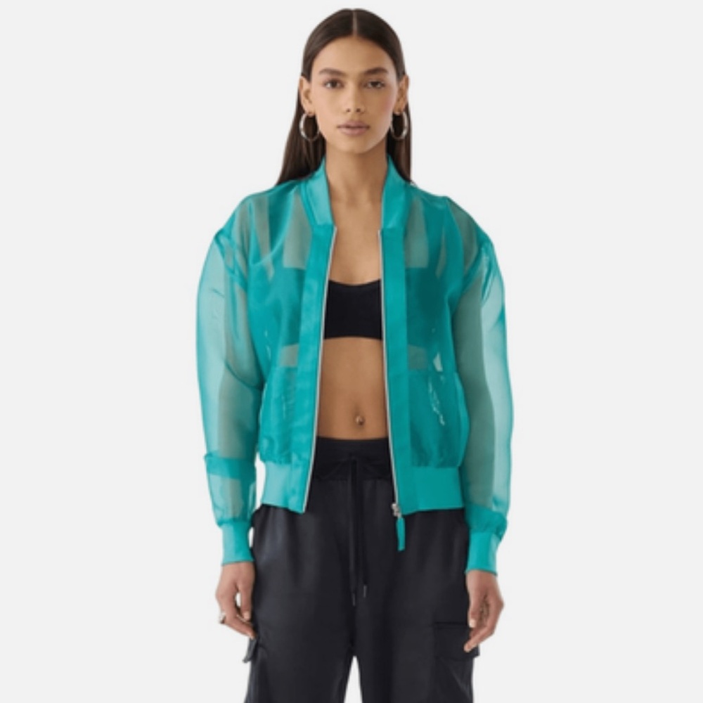 GSTQ Sheer Bomber Jacket M Peacock Mesh Organza Zip Front Athleisure NWT #195